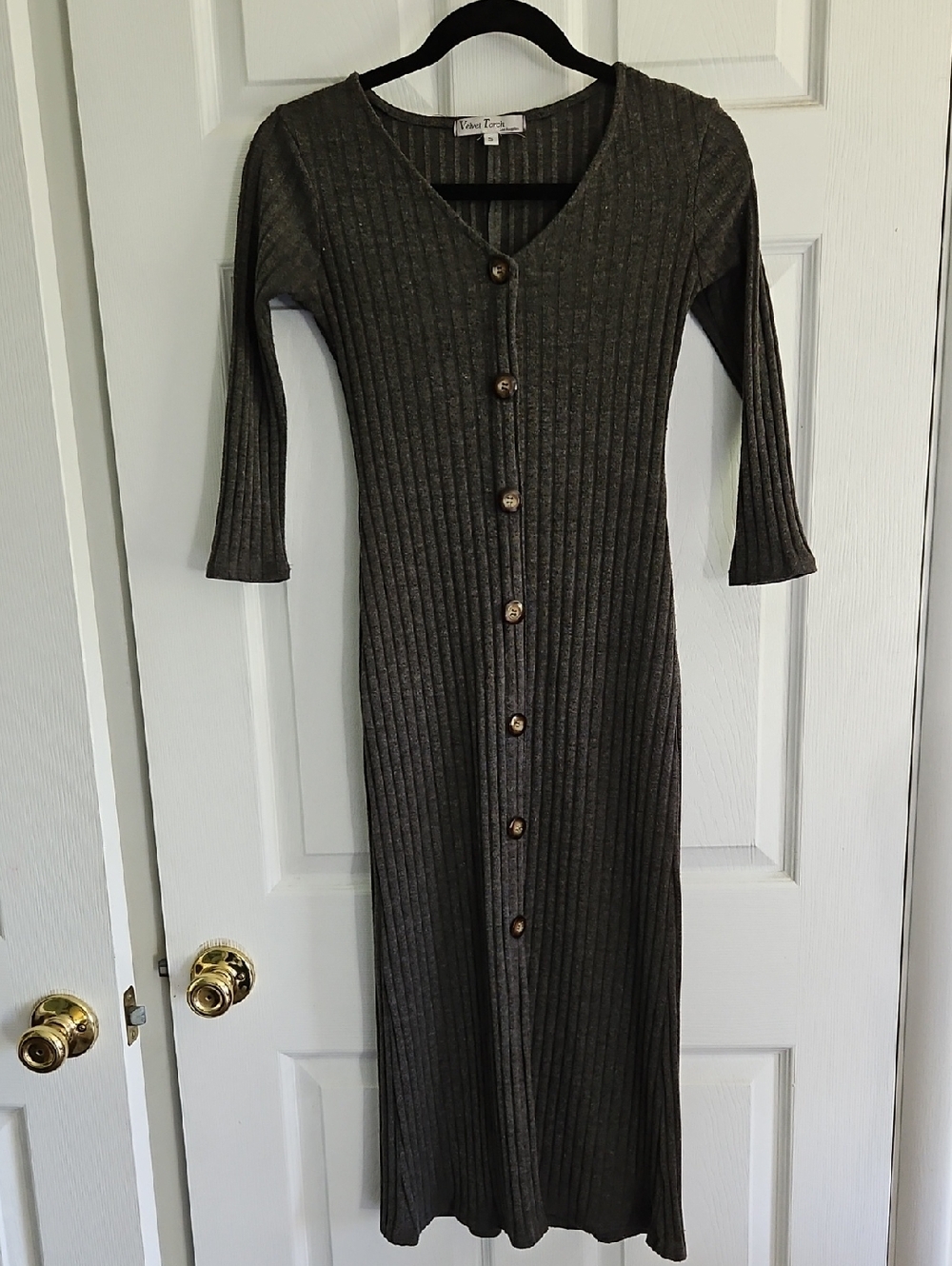 Velvet Torch Heathered Grey Ribbed Button-Front Maxi Dress